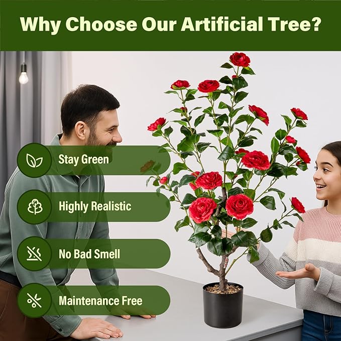 Artificial Camellia Tree,2Pack 3.2FT Faux Red Camellia Plants in Pots,Lifelike Artificial Flower Trees for Indoor Outdoor Home Decor,Realistic Blooming Faux Plants for Living Room Porch Patio Office