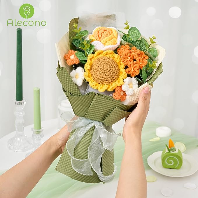 Alecono Crochet Flower Bouquet, Knitted Sunflower Flowers, Green Handmade Bouquet of Flowers for Lover Anniversary Birthday Party Mother's Day Graduation Gifts (Include Card)