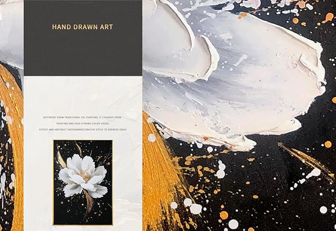 Framed Black and White Flower Canvas Wall Art for Living Room-Hand Painted Floral Wall Pictures for Bedroom- 3D Oil Painting for Office,Kitchen Home Wall Decorations 28" x 40"