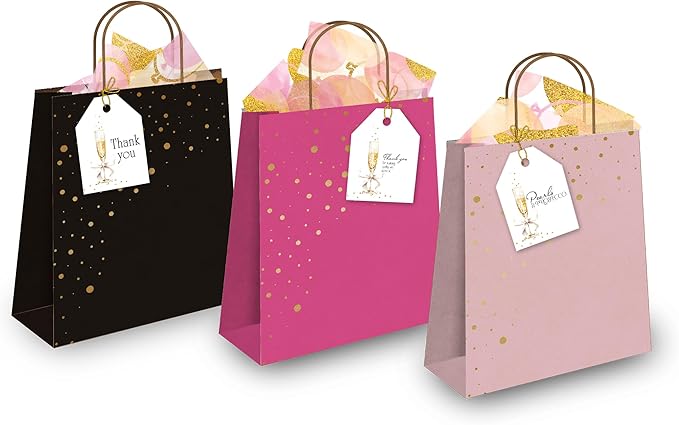 Pro Supply Global 24 Count of 2.5 Inch x 3 Inch Pre Strung Pearls and Prosecco Gift Tag Assorted Printed Designs on Large Cardstock Gift Hang Tags - Ideal to Use on Bags