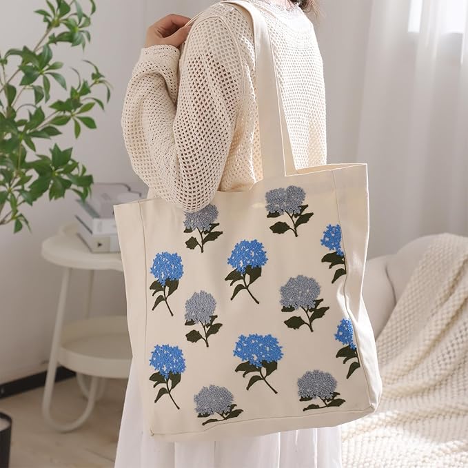 Aesthetic Embroidery Tote Bag for Lady Cute Reusable Canvas Shoulder Bag for Girls Women Shopping Grocery