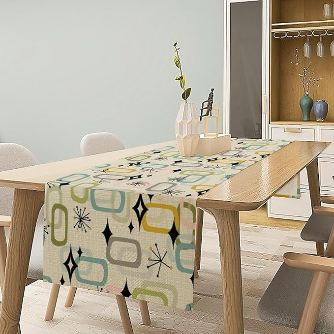 Mid Century Table Runner, Flag Retro Atomic Starburst 1950s Abstract Geometric Space Tabletop Decoration for Home Kitchen Restaurant Table Flag 13x108 Inch