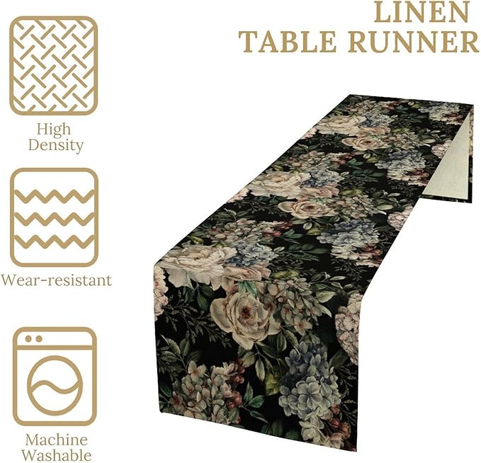 Retro Floral Table Runner, Dark Watercolor Flowers Boho Gothic Botanical Plant Art Table Runner for Indoor Outdoor Dinner Party Decor, 13x60inch