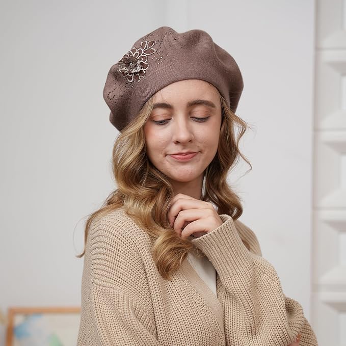 Flower Embroidery Beret Hat for Women, French Style Knitted Beret Hats, Stylish Solid Color Beret Cap for Women Girls Lady