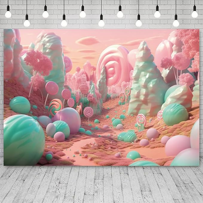 12x6ft Candyland Backdrop Pink and Teal Lollipop Photography Background Fairytale Kingdom Candy Sweet Girl Princess Birthday Banner Decorations Newborn Baby Shower Portrait Photo Booth Prop