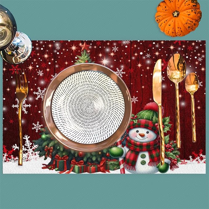 Xmas Christmas Tree Snowman Red Placemats Set of 1 PVC Vinyl Non Slip Table Mats Heat Resistant Place Mats Washable Wipeable Dining Table Mat for Kitchen Decor Party Indoor Outdoor Decorative Gift