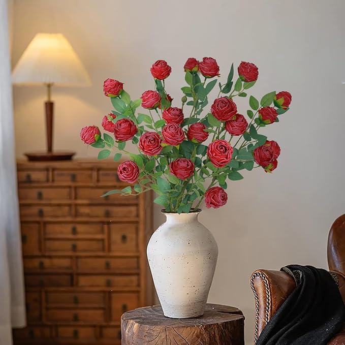 CHIAVE 8pcs 24 Flower Buds Artificial Vintage Roses Fake Silk Rose Flowers with Long Stem for DIY Bouquets Wedding Centerpiece Party Home Kitchen Shorp Decoration-Red