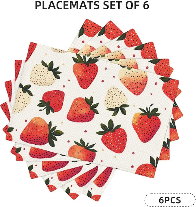 Sweet Strawberry Placemats Set of 6 Washable Table Mats Spring Summer Fruit Heat-Resistant Cotton Linen Place Mats for Dining Table Kitchen Indoor Outdoor Party Holiday Decor