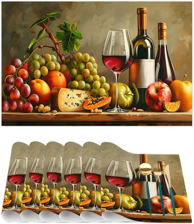 Grapes Fruit Wine PVC Placemats Set of 6 Wipeable Table Mats Washable Heat Resistant Non Slip Vinyl Dining Table Mat for Kithen Indoor Outdoor Patio Farmhouse Place Mats Decorative