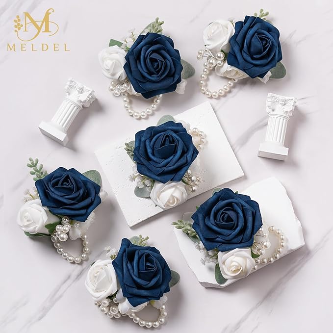 Meldel Blue Wrist Corsage,Set of 6, Prom Wrist Flower Girl/Mother Corsages Wristlet Perfect for Bride Bridesmaids Wedding Guests Hand Flower, Party, Homecoming, Ceremony Anniversary
