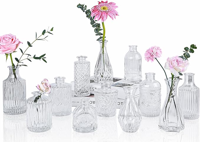 Clear Glass Bud Vases Set of 12, Mini Flower Vase for Centerpieces, Small Vases in Bulk for Wedding Decorations, Vintage Vase for Baby Shower, Party, Recepetion, Home Table Décor