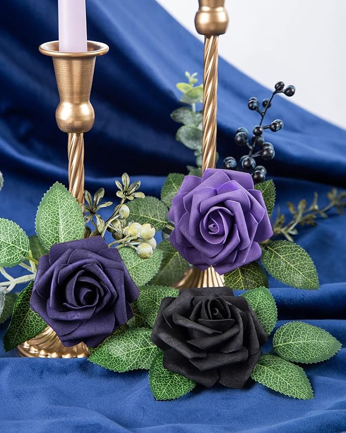DuHouse 25Pcs Artificial Roses Flowers Fake Roses with Stems Real Touch Foam Flowers for DIY Wedding Bouquet Baby Shower Centerpiece Floral Arrangement Party Home Decor (Dark Purple)