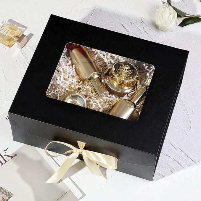 5 Pcs Black Gift Box for Presents with Ribbon 13.2x11x5.3 Inches Clear Gift Box with Window Magnetic Closure Gift Boxes with Lids