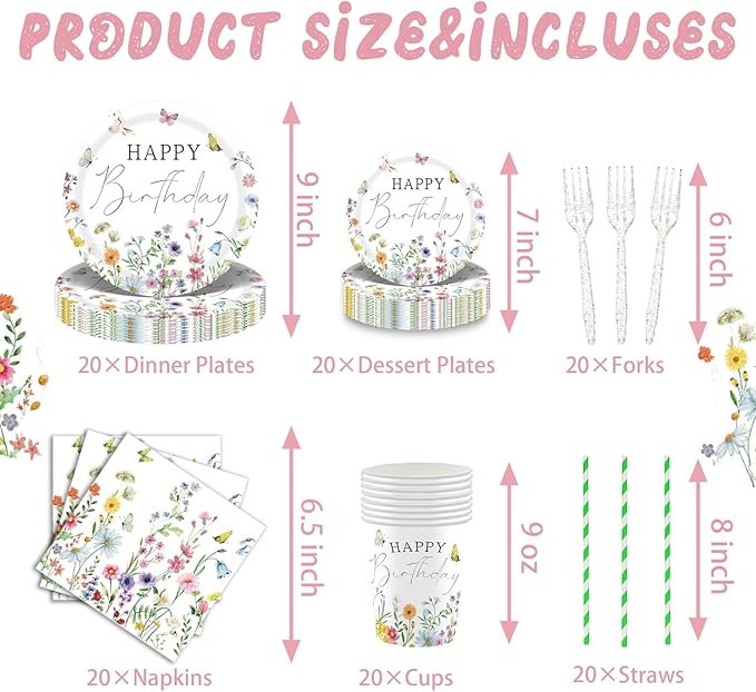 Wildflower Birthday Party Decorations for Girls Women, Banner Centerpieces Cupcake Toppers Tablecloth, Spring Floral Paper Plates Napkins Cups Forks Straws Supplies Serve 20