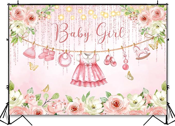 InMemory Girl Baby Shower Backdrop Pink Floral Baby Shower Decorations,Glitter Rose Gold Newborn Clothes Photography Background It's a Sweet Baby Girls Shower Party Banner Photo Booth Supplies 8x6ft