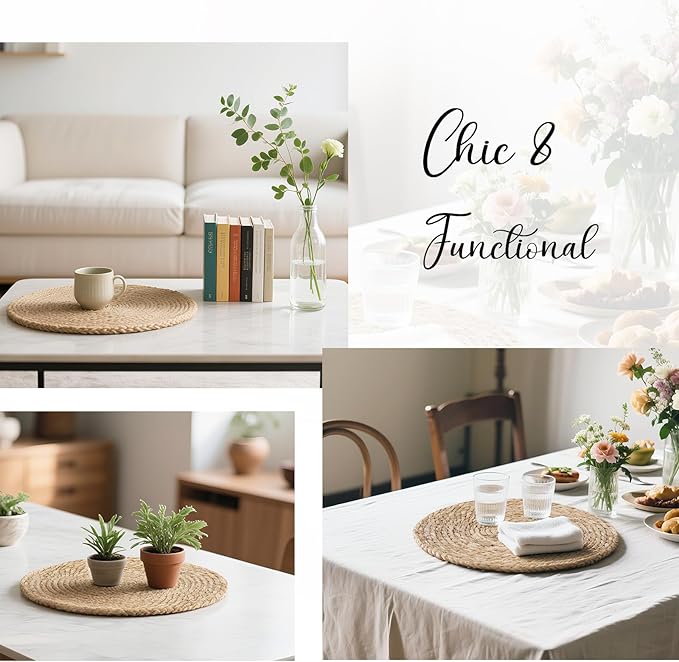 13 Inch Woven Placemats Set of 12, Rustic Round Placemat for Dining Table, Boho Jute Charger for Dinner Plates, Farmhouse Winter Holiday Decor, Water Hyacinth Wicker Rattan Braided Place Mats
