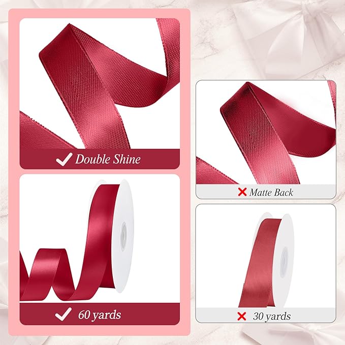 Wine Red Ribbon 1 inch 60 Yards Double Faced Red Satin Ribbon for Crafts Wedding Invitation Bows Making Gift Wrapping Decorations