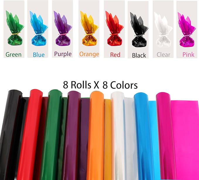 CMFYHM 8 Rolls Colored Cellophane Wrap Roll (34 in x 16.4 ft x 8 Colors) Extra Wide Cellophane Roll Transparent Color Cellophane Gift Wrapping for Gift Baskets,Flowers, DIY Craft,Baby Shower