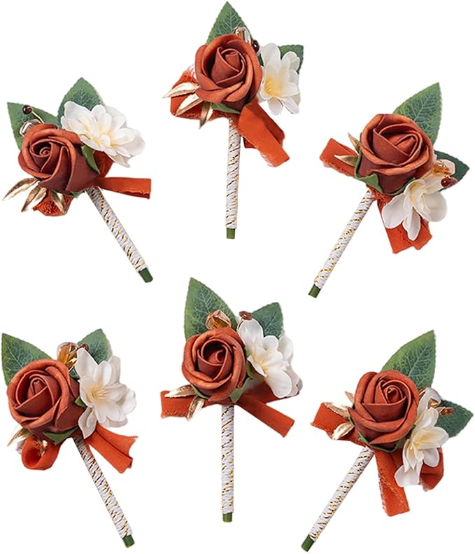 Meldel Rose Boutonniere for Men Wedding, Set of 6, Guest Groom Groomsmen Boutonnieres Prom Corsage for Weddings Homecoming Ceremony Anniversary Party Suit Decoration Flower, Burnt Orange/Terracotta