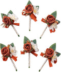 Meldel Rose Boutonniere for Men Wedding, Set of 6, Guest Groom Groomsmen Boutonnieres Prom Corsage for Weddings Homecoming Ceremony Anniversary Party Suit Decoration Flower, Burnt Orange/Terracotta