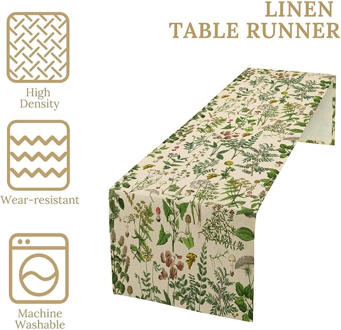Vintage Botanical Mushroom Table Runner Wild Floral Retro Boho Plants Herbs Ferns Dinner Runner for Farmhouse Cabin Home Kitchen Dining Holiday Party Decor 13x120in