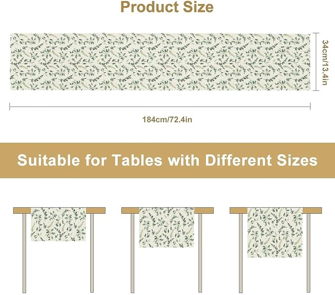 Watercolor Leaf Table Runner, Green Botanical Leaves Nature Decor Table Runner for Kitchen Dining Party Picnic Decoration, 13x90 Inch