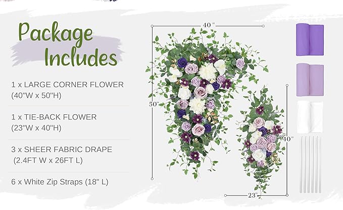 Wedding Arch Flowers with Drapes Kit (Pack of 5) - 2pcs Artificial Lilac & Cream Deluxe Swag with 3pcs Hanging Drapes for Wedding Ceremony Arbor Reception Backdrop Rose Floral Decorations