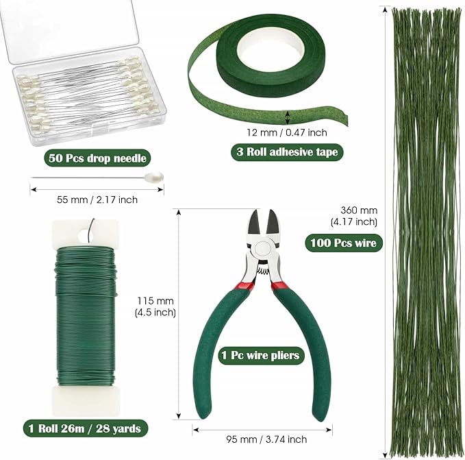 PAXCOO Floral Arrangement Kit with Green Tape and Wire, Boutonniere Flower pin, Wire Cutter for Wreath Making Supplies