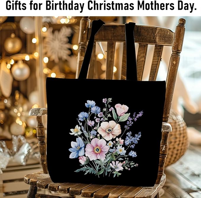 Decohim Floral Butterfly Canvas Tote Bag Boho Canvas Bag with Pocket for Work Office Women Girl Christmas Birthday Gifts