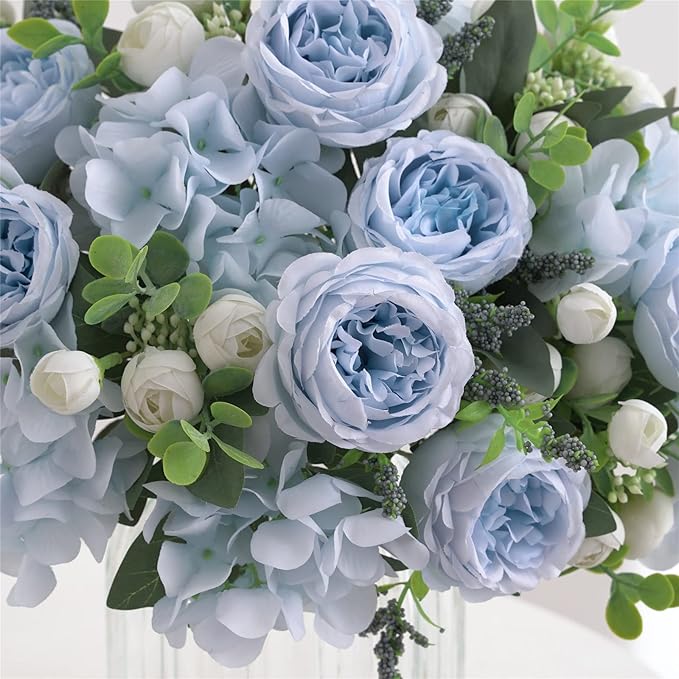 4 Bunches Artificial Flowers for Decoration Blue Peonies Fake Roses Arrangements Table Centerpiece Faux Flores for Wedding Home Vase Decor
