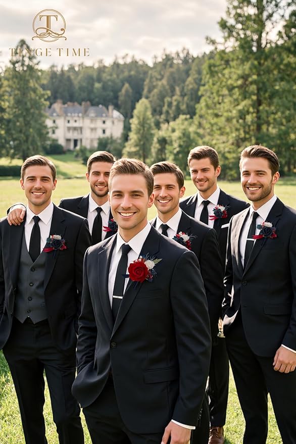 TINGE TIME Boutonniere for Men Wedding,Groom and Best Man Boutonniere for Wedding Ceremony Anniversary, Formal Dinner Party and Rustic Spring Wedding Marriage (10, Red & Navy Blue)