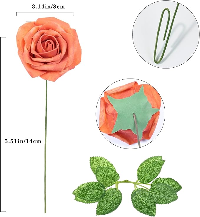 Meldel Artificial Flowers 25pcs Real Looking Burnt Orange Foam Fake Roses with Stems for DIY Wedding Bouquets Bridal Shower Centerpieces Floral Arrangements Home Decorations