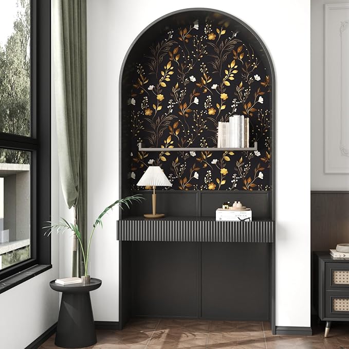 Black Floral Wallpaper Peel and Stick, Dark Gold Vintage Flower Contact Paper, Golden/White Botanical Wall Paper Self Adhesive Waterproof Removable for Room Cabinet Drawer Table Decor 17.5" x 118"