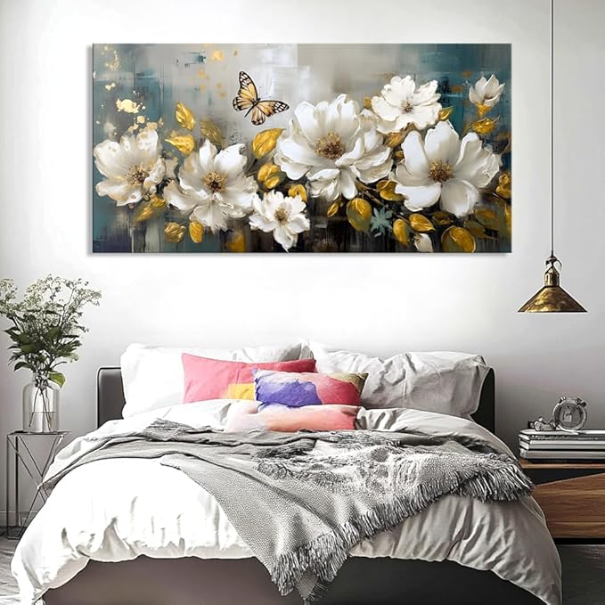 vgrozirh Wall Art Modern Flower Artwork Paintings White Blossom Gold Leaf Butterfly Landscape Picture wall Decor for Living Room Bedroom Kitchen 71"x36"
