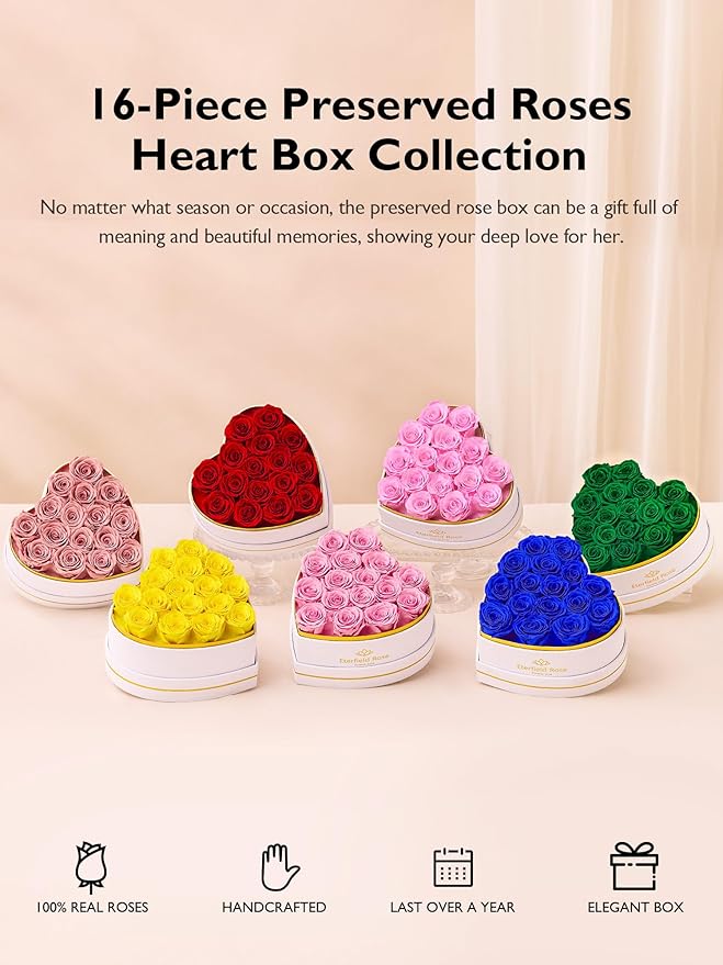 Eterfield Forever Flowers in Heart Shape Box, Preserved Roses That Last a Year Preserved Flowers Birthday Gifts for Her Mom Women Wife Anniversary Valentine's Day Mother's Day (16 Roses, Pink)
