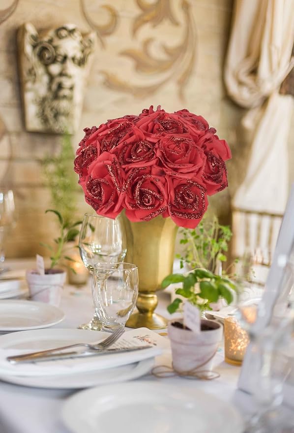 100pcs Red Glitter Roses 2.56" Artificial Red Roses Foam Glitter Flowers Fake Red Roses Faux Flowers for Bridal Shower Centerpieces DIY Wedding Flower Floral Arrangements (Red)
