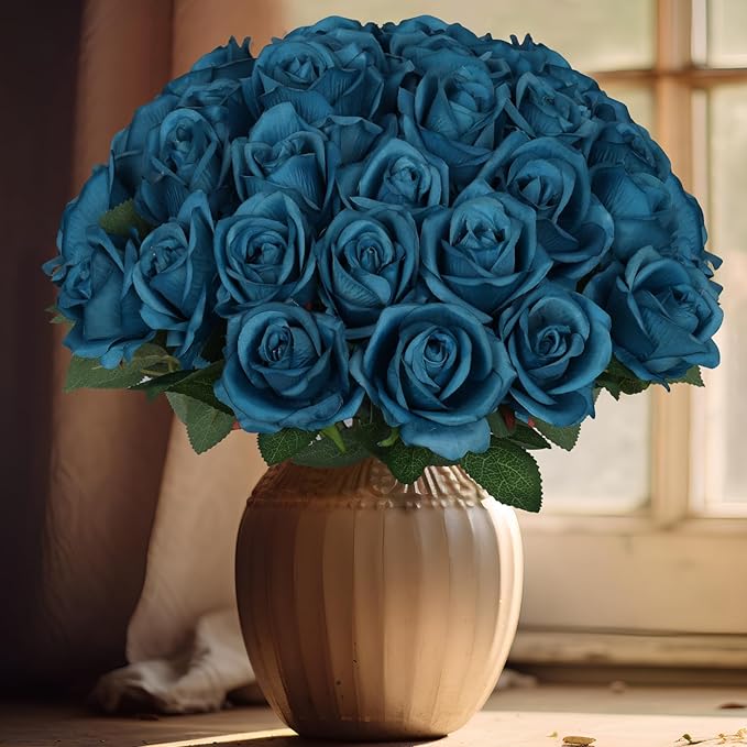 30pcs Fake Roses Artificial Silk Flowers Long Stems Bouquet for Wedding Bridal Shower Party Home Decoration (Teal)