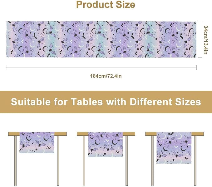Gothic Table Runner,Cute Bat Star Sky Print Table Runner for Home Kitchen Table Dining Garden Farmhouse Wedding Party Decor 13x70 Inch