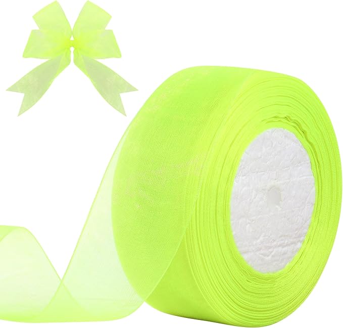 1-1/2 Inch x 50 Yards Sheer Organza Ribbon Chiffon Ribbon for Gift Wedding Flower Bouquet Wrapping Decorations Crafts (Fluorescent Green)