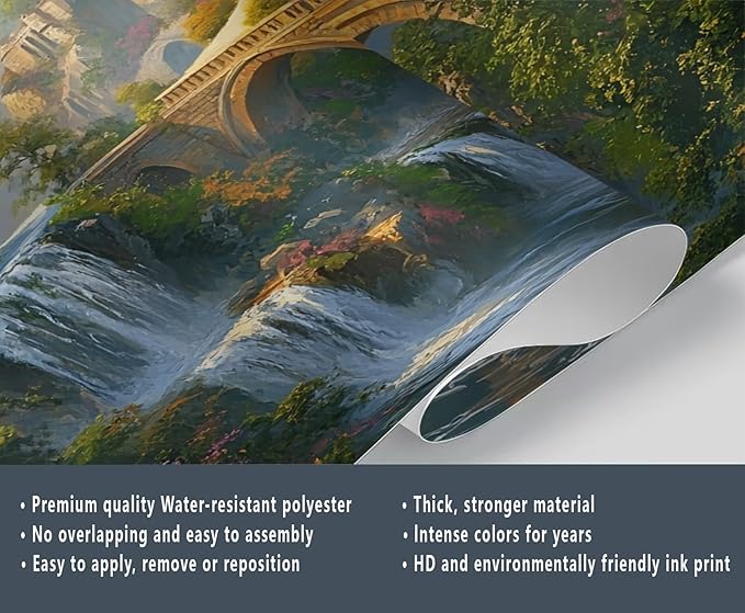 Fantasy Castle Wall Mural, Magical Waterfall Landscape 3D Wall Murals, Royal Palace Wallpaper Mural, for Living Room Bedroom Large Wallpaper Indoor Decor 98.4" W x68.9 H
