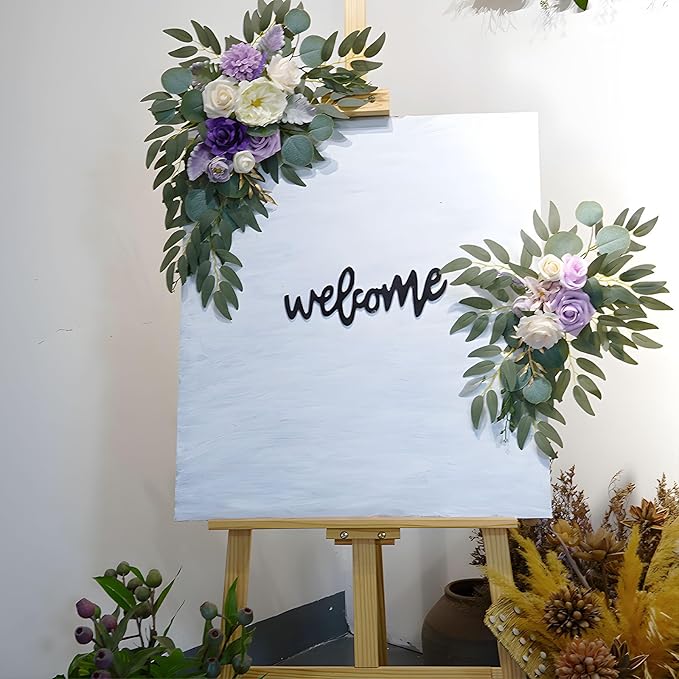 Purple White Wedding Arch Flowers, Faux Flower Swag Set of 2, Purple Floral Swag for Wedding Arch Welcome Signs, Reception Ceremony Signs Decor