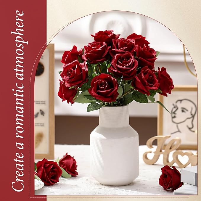 Hotop 40 Pcs Rose Artificial Flowers Bulk with Long Stem,Realistic Silk Fake Roses Bouquet for Home Wedding Centerpieces Party Table Decoration Valentines Gifts(Wine Red)