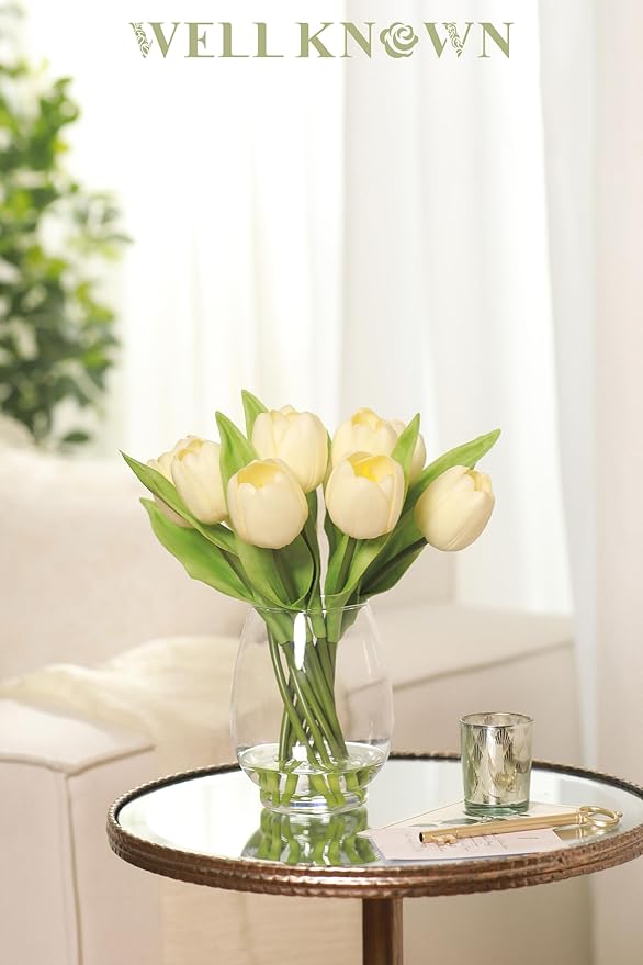 WELL KNOWN 12 Pcs Tulips Artificial Flowers in Vase, Real Touch Tulips with Vase with Upgrate Acrylic Water Flower Arrangements Centerpiece for Dining Room Table Decoration（Cream）