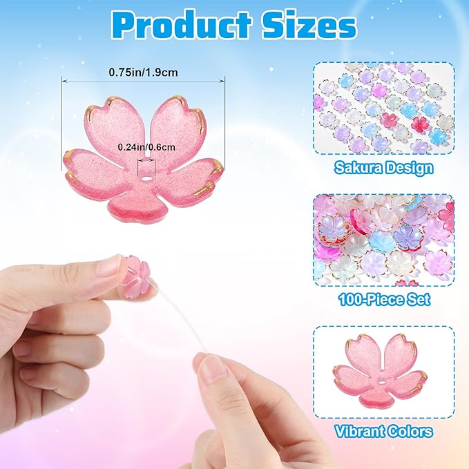 Xindojuz 100 PCS Flower Beads for Jewelry Making, Colorful Cherry Blossom Beads Gold-Plated Mini Acrylic Spacer Bead 5-Petal Floral Charms for Necklaces Bracelets Earring Keychains (Mixcolors)