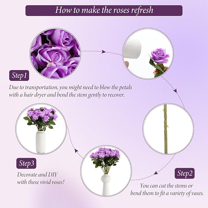Hotop 20 Pcs Artificial Rose Flowers with Long Stem,Real Touch Silk Realistic Plastic Bouquet Roses Bulk for Home Decor Bridal Wedding Party Table Centerpieces Decorations(Purple)