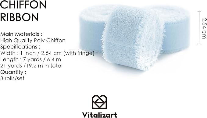 Vitalizart Baby Blue Chiffon Silk Ribbon 1" x 21 Yd Fringe Fabric Package (3 Rolls * 7 Yd) for Wedding Invitations Bridal Bouquets Decorations Gifts Wrapping & Bow Making