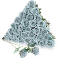 30pcs Fake Roses Artificial Silk Flowers Long Stems Bouquet for Wedding Bridal Shower Party Home Decoration (Dusty Blue)