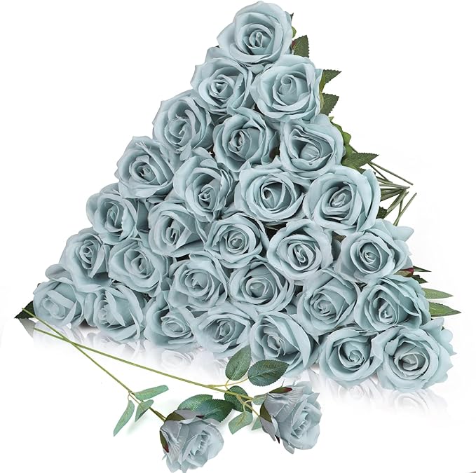 30pcs Fake Roses Artificial Silk Flowers Long Stems Bouquet for Wedding Bridal Shower Party Home Decoration (Dusty Blue)