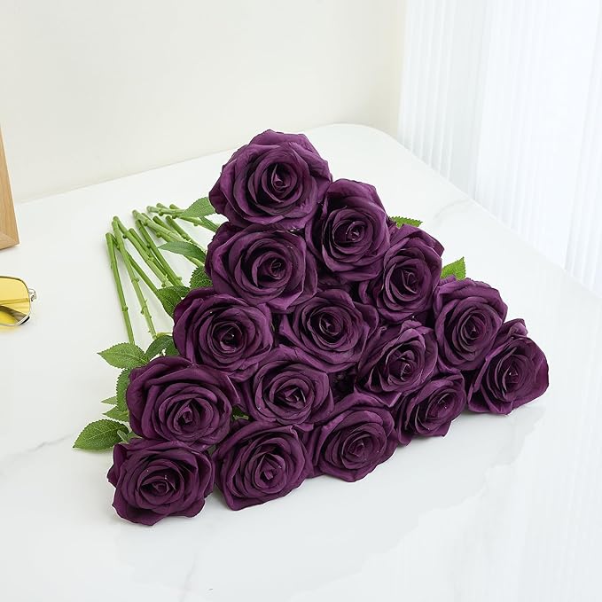 15pcs Fake Roses Artificial Silk Flowers Faux Rose Flower Long Stems Bouquet for Arrangement Wedding Centerpiece Party Home Kitchen Decor