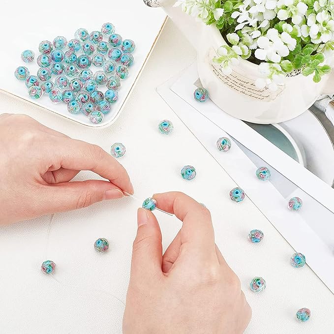 PH PandaHall 60pcs 9~10mm Blue Rose Lampwork Beads Gold Sand Glass Beads Flower Glass Beads 1.5~2mm Hole Floral Handmade Lampwork Beads Round Loose Beads for Rosary Making Jewelry Craft Making